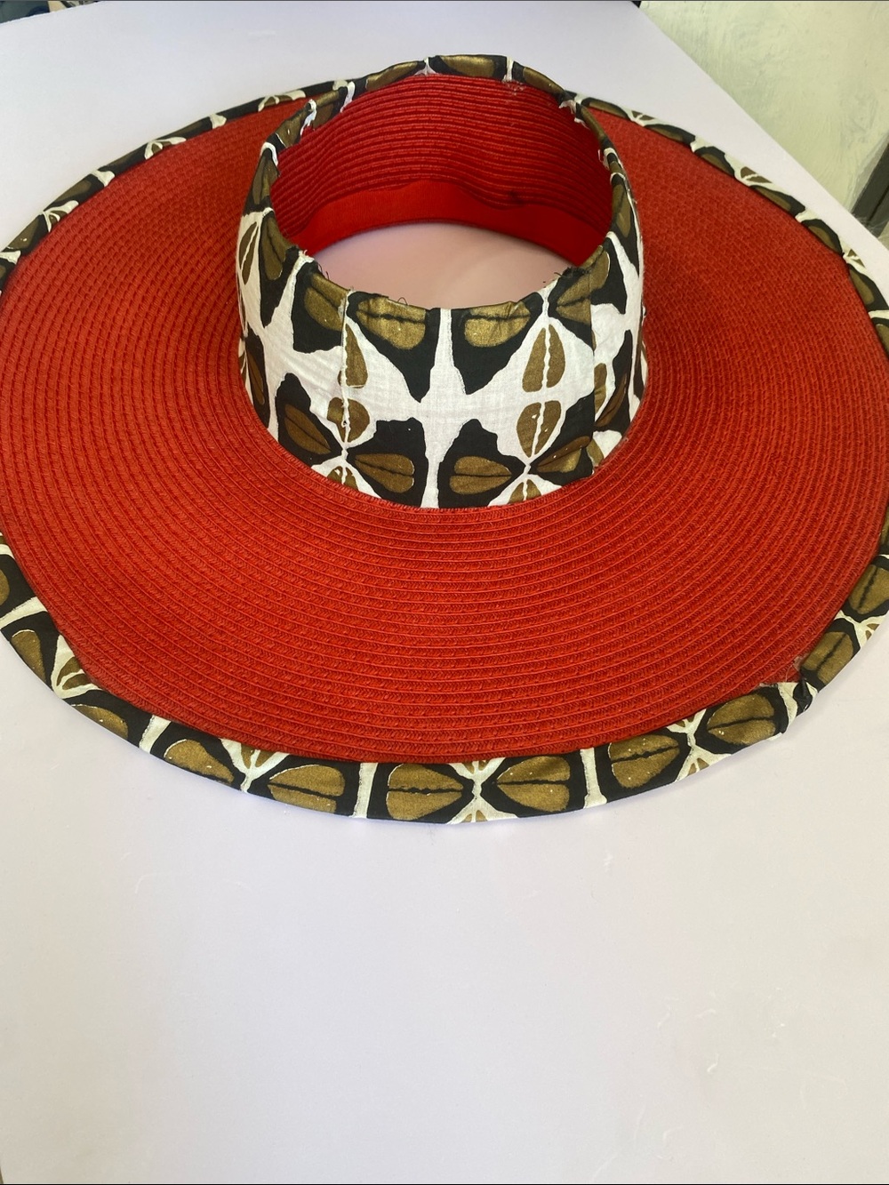 One of a Kind hand crafted, Red Wide Brim Sun Hat with Patterned Crown and Trim
